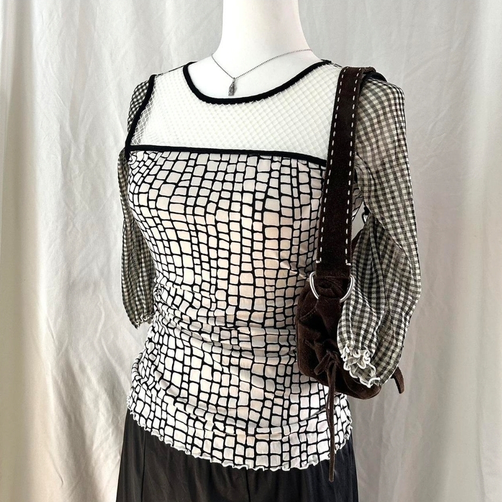 [ISO⚠️] ANAC by kimi mesh patterned blouse with gingham checkered back 3/4 sleev